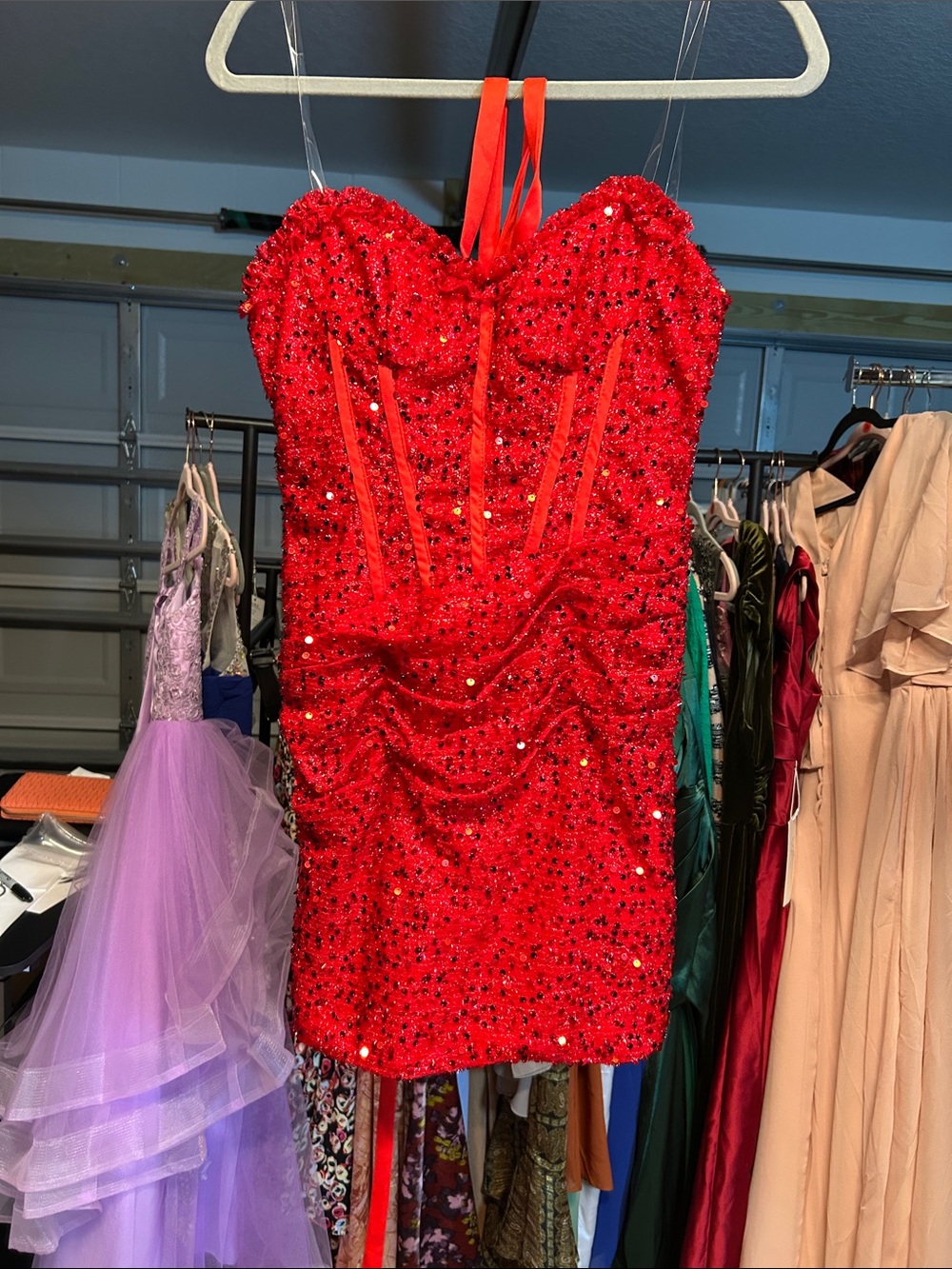 Red Sequin Ruched Bodycon Dress